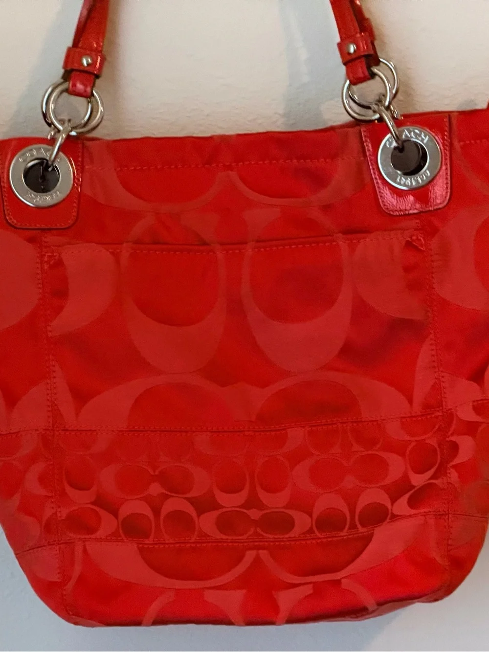 Red/Orange Coach Alex tote satin and patent leather